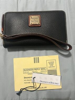 Dooney & Bourke Black Pebbled Leather Wristlet with Tan Trim